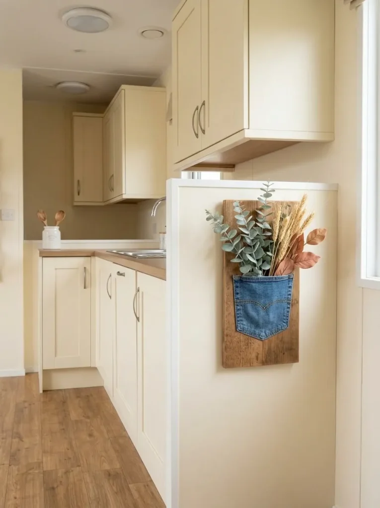 Upcycled denim pocket wall planter with autumn foliage on the end of a compact mobile home kitchen cabinet.