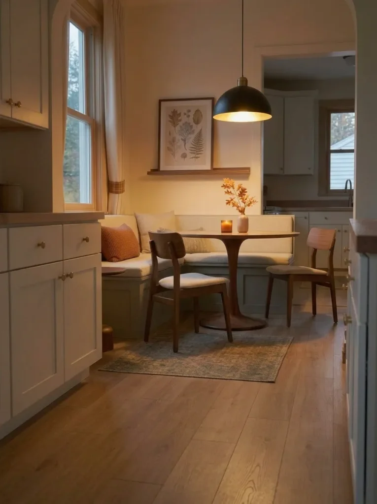 Low-profile woven rug defines a small mobile home dining nook while the adjacent kitchen walkway remains clear.