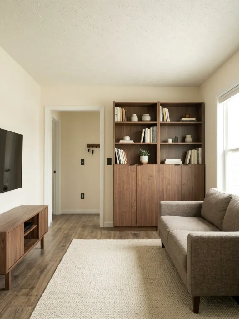 Existing bookcase gains closed lower storage to reduce visible clutter in a compact mobile-home living room.