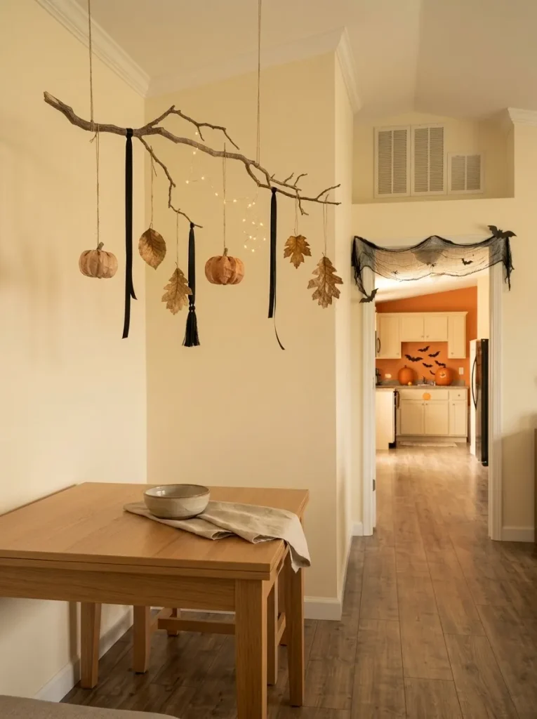 Natural branch with sparse paper pumpkins, leaves and warm lights suspended beside the dining area of a mobile home.