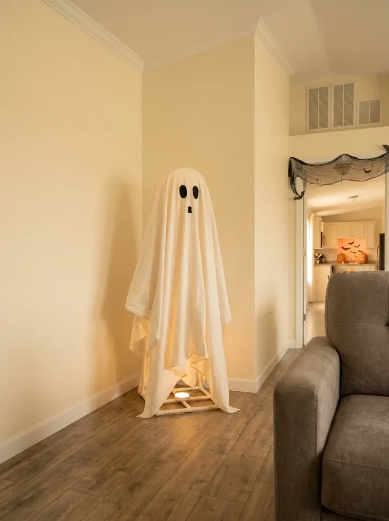 Oversized white fabric ghost creates one dramatic Halloween focal point in the corner of a small mobile home living room.