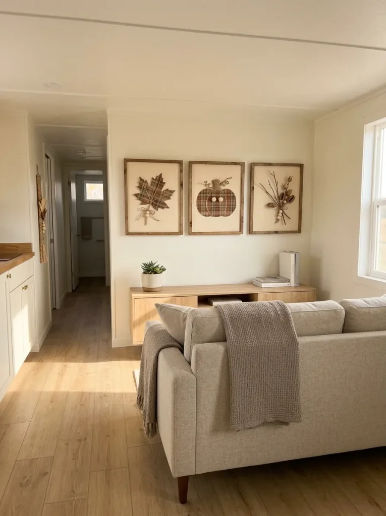 Three-panel DIY fall harvest triptych made from paper, fabric and natural materials above a console in a mobile home living room.