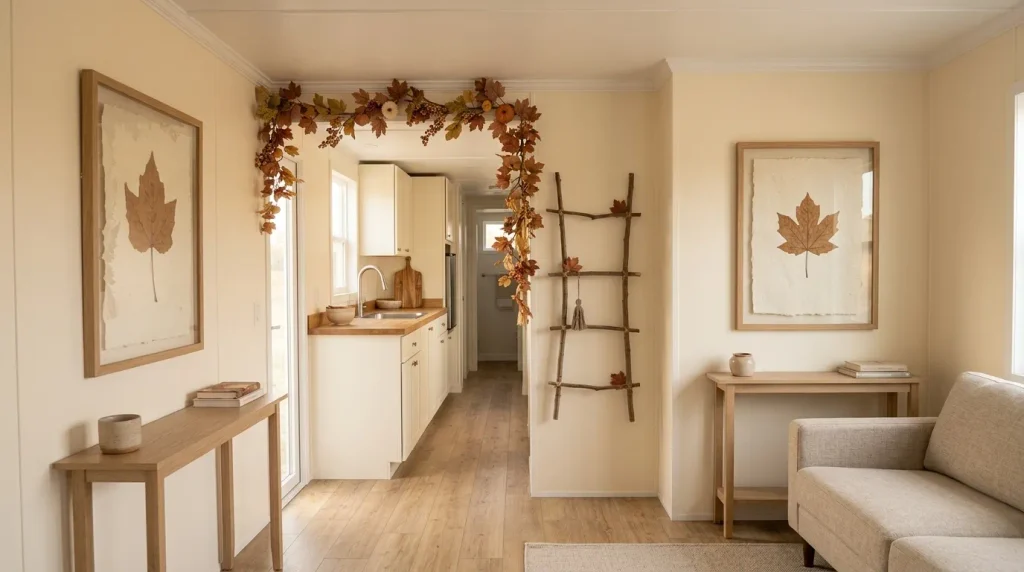 DIY fall wall decor in a compact mobile home with a leaf vine around the kitchen opening, framed autumn botanicals and a slim twig wall accent.