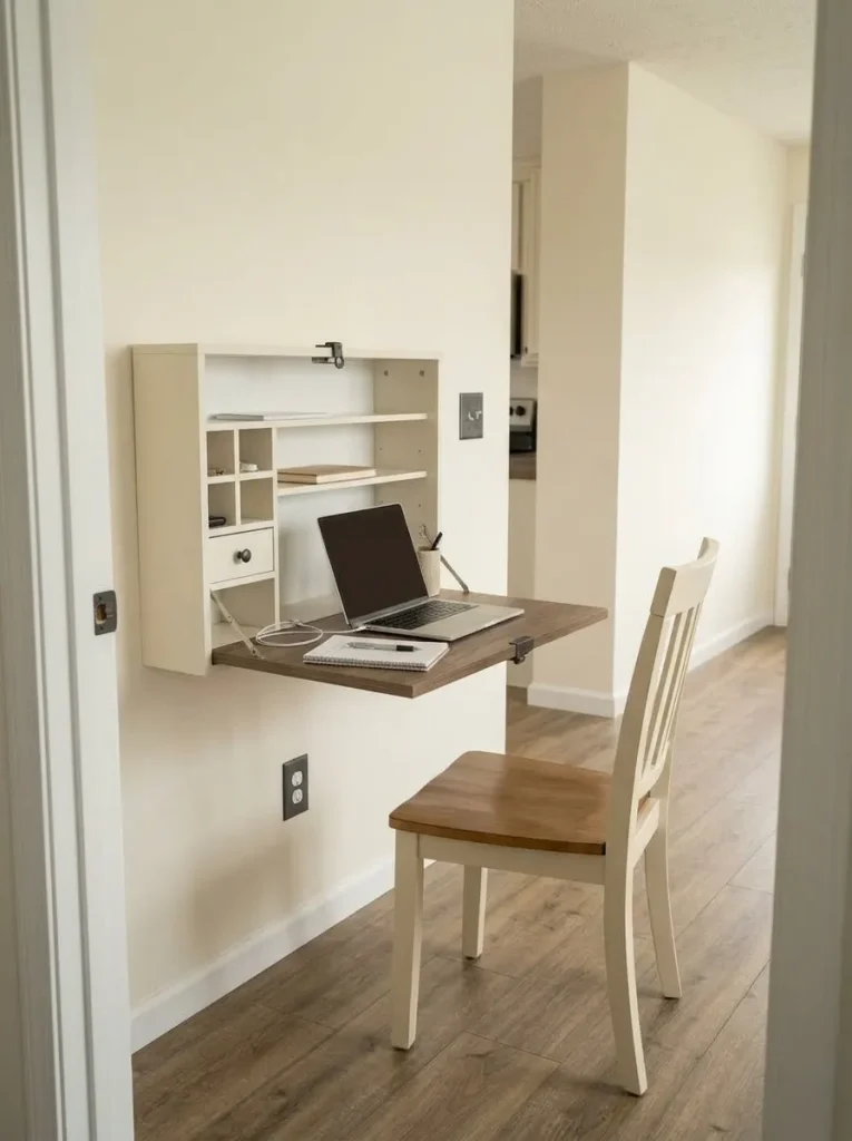 The desk provides work space only when needed, allowing the room to reclaim its floor area after the desktop folds away.