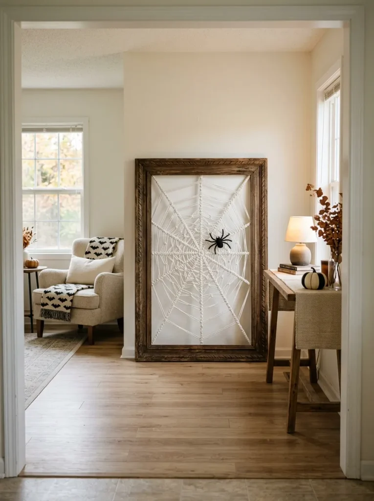 Large DIY cord spiderweb inside a vintage wood frame styled in a narrow mobile home living room.
