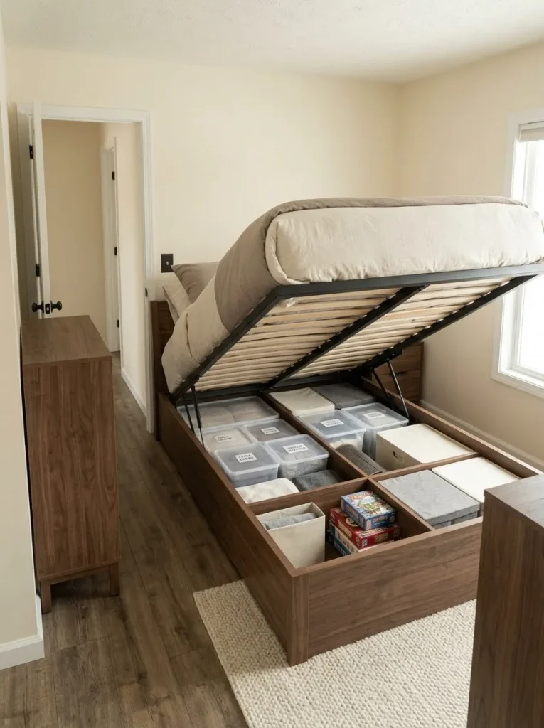 Lift-up bed platform reveals hidden storage in a compact mobile-home bedroom with limited side access.