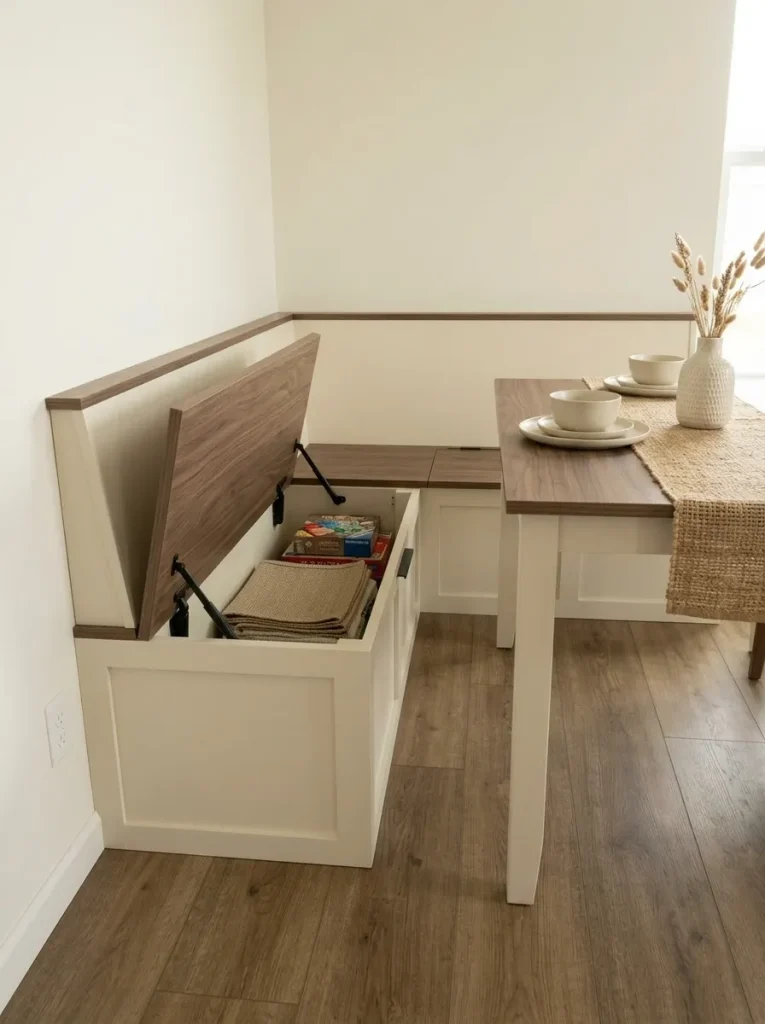 DIY dining banquette with hinged storage seat shown beside the table in a compact mobile-home dining area.