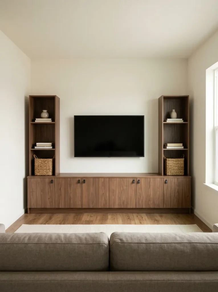 Low DIY media wall combines closed storage and slim side towers in a compact mobile-home living room.
