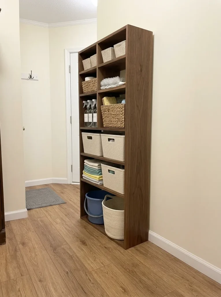 Narrow DIY storage tower with matching bins fits an awkward wall strip in a small mobile home.