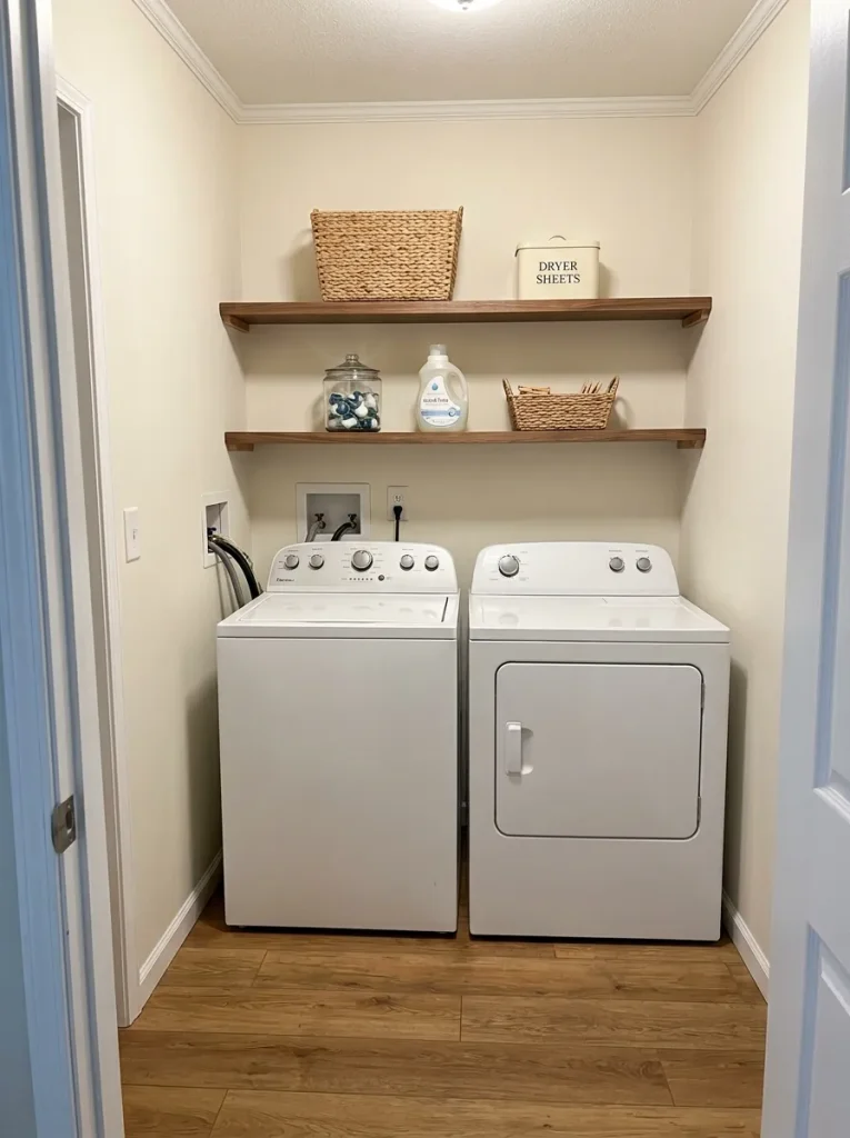 Shallow walnut shelves above a washer and dryer create DIY mobile home storage without using additional floor space.
