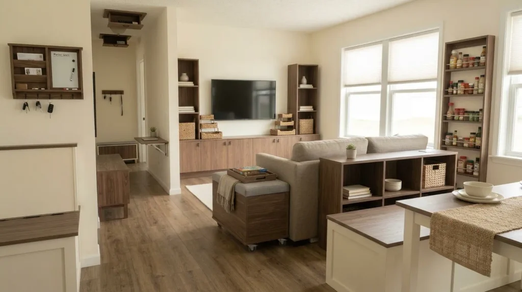DIY mobile home storage projects integrated into a compact living space with concealed storage, a slim tower, and multifunctional furniture.