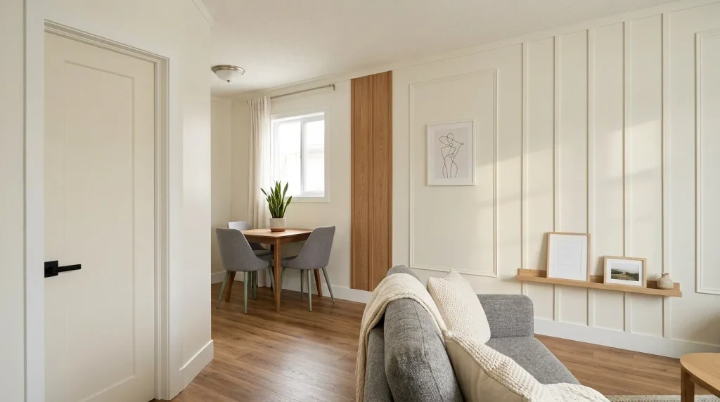 Updated single-wide mobile home showing restrained DIY wall treatments including battens, molding, natural wood accents and a slim display ledge.