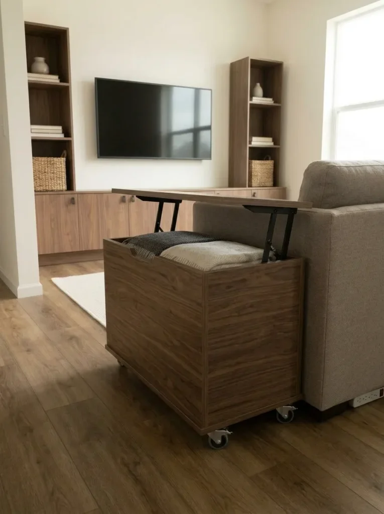 Rolling lift-top storage ottoman replaces a coffee table and stores blankets in a compact mobile-home living room.