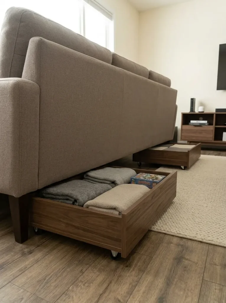 Low roll-out crate provides hidden storage beneath a sofa with a clear retrieval path in a small mobile home.