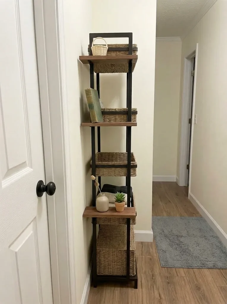 Shallow shelves added to a wardrobe side provide storage while preserving a narrow mobile-home passage.