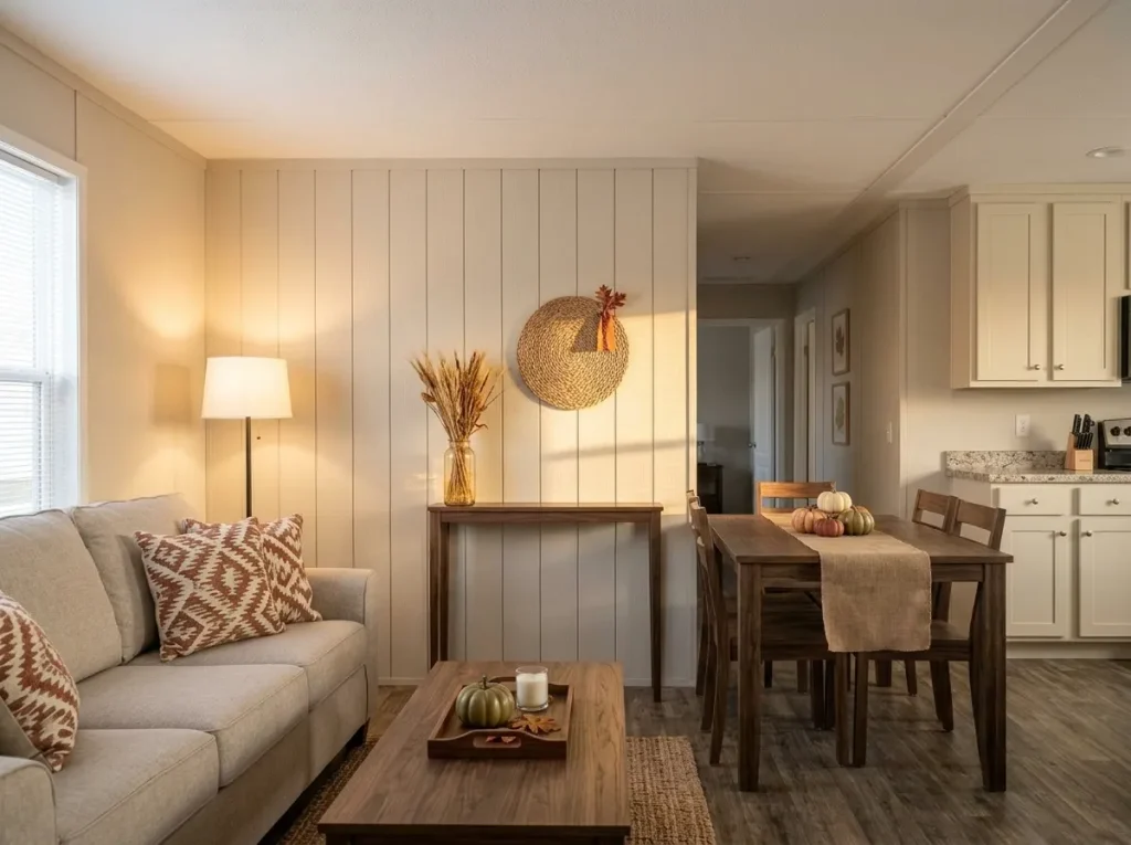 A few coordinated dollar-store fall accents can warm an entire connected mobile home when they use vertical space, clear boundaries, and shared sightlines instead of filling every surface.