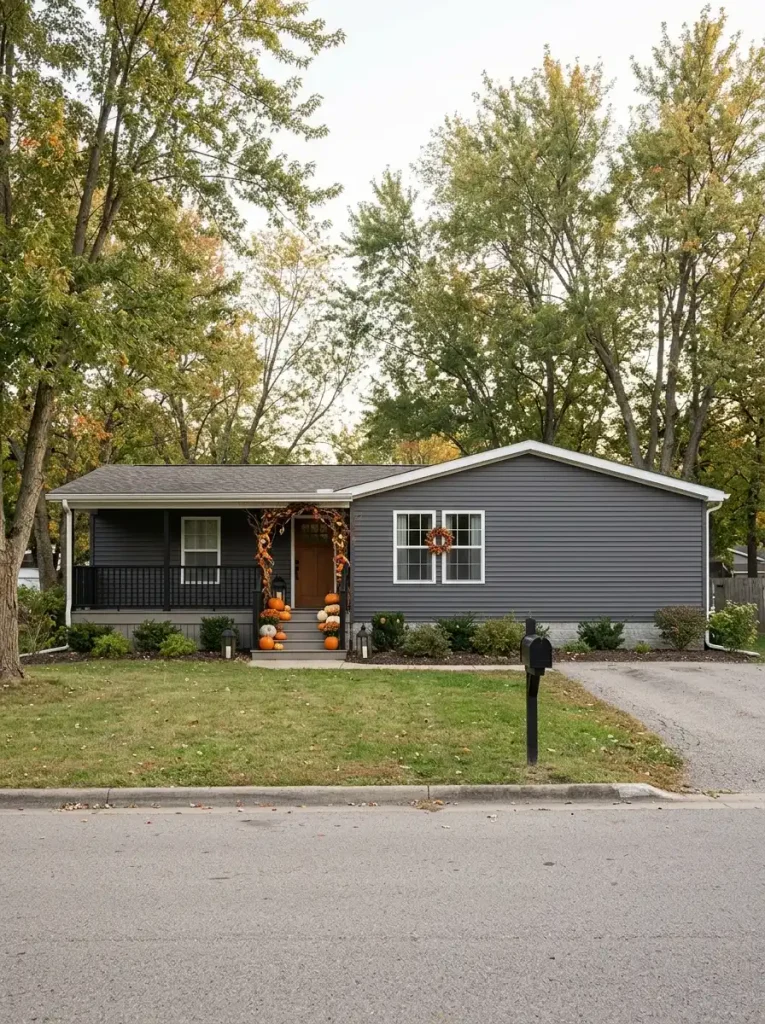 Full double-wide Halloween exterior viewed from the curb with one dominant decorated entry, smaller supporting accents and quiet open areas.