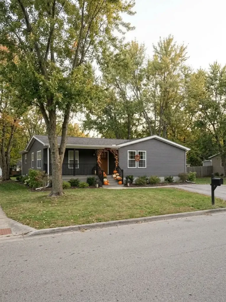 Offset double-wide entrance balanced by a tall dark Halloween display and a lower pumpkin grouping farther across the façade.