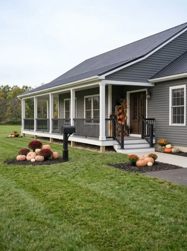 Low pumpkin and mum groupings spaced across the landscape connect the far ends of a long double-wide exterior.