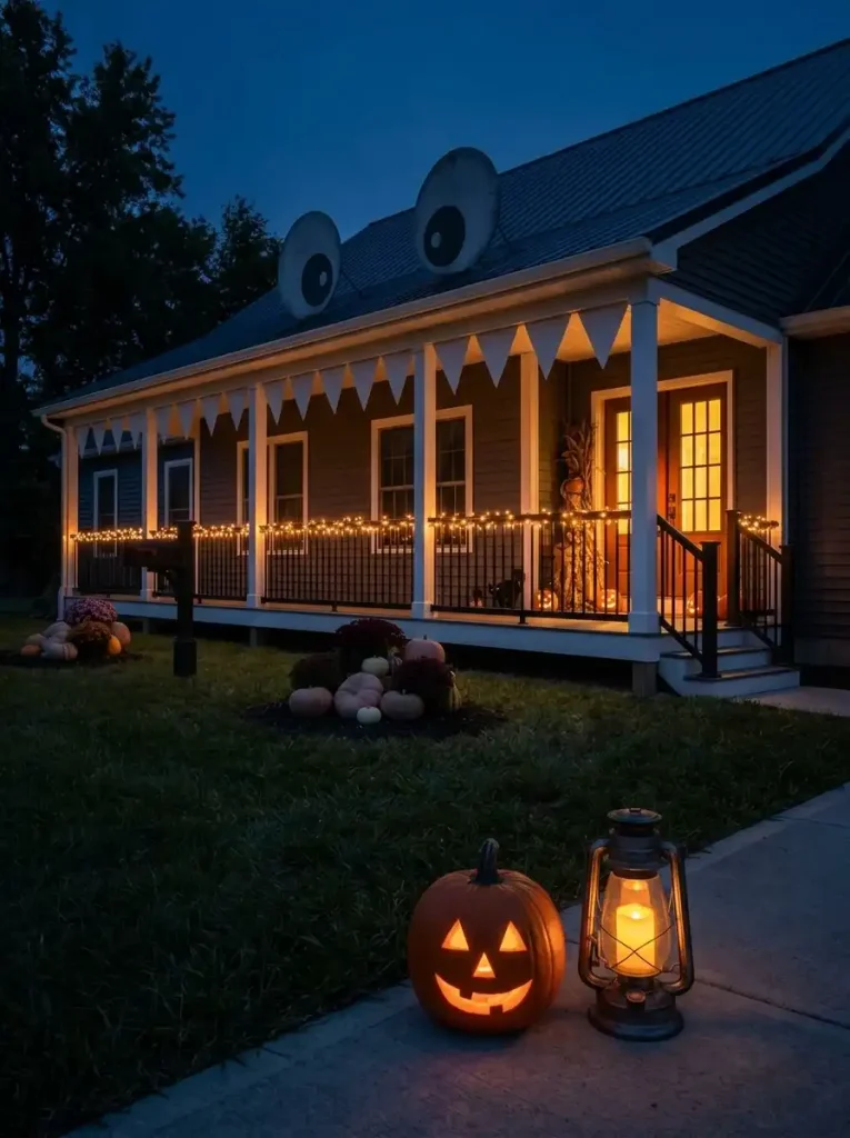 Double-wide Halloween exterior with a glowing path accent, softer porch lighting and a brighter front-door focal point at night.