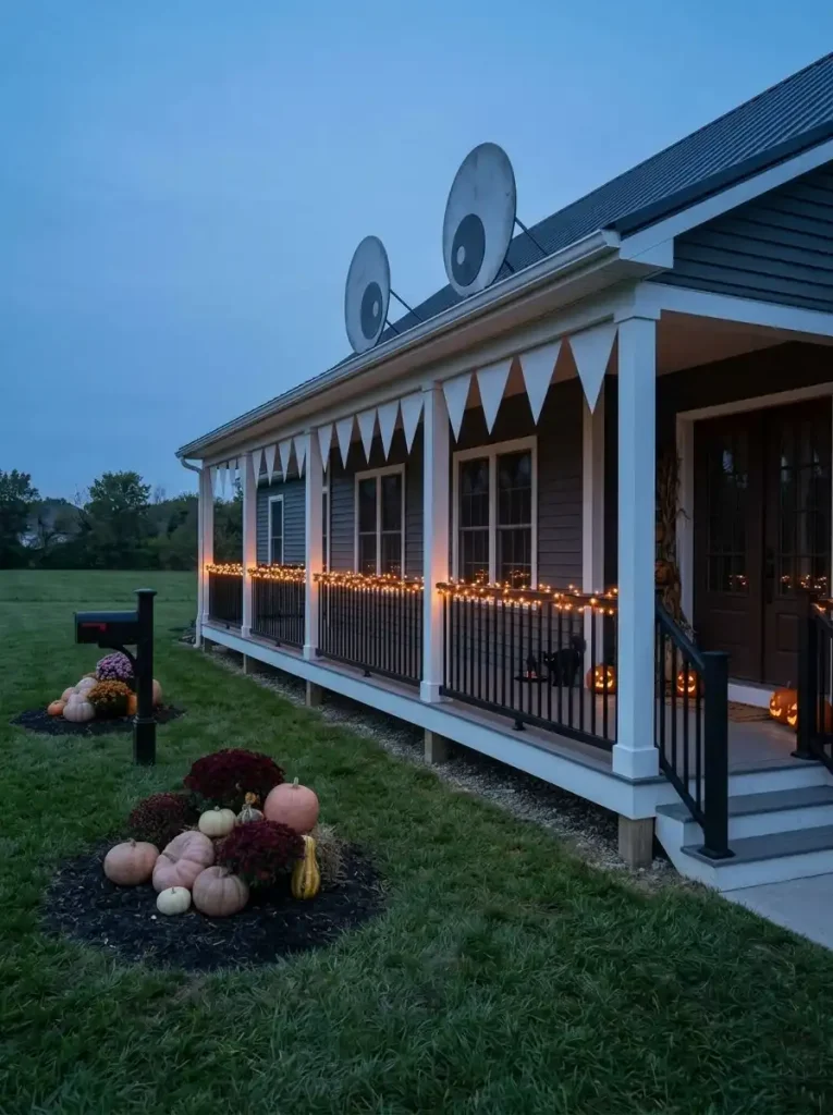 Warm Halloween lights follow one long black porch railing on a double-wide home at dusk.