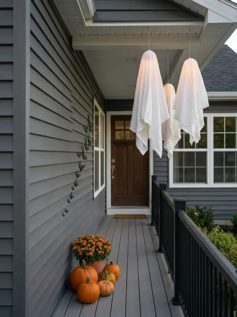 Three white hanging ghosts decorate an outer double-wide porch bay while the approach to the front door remains open.