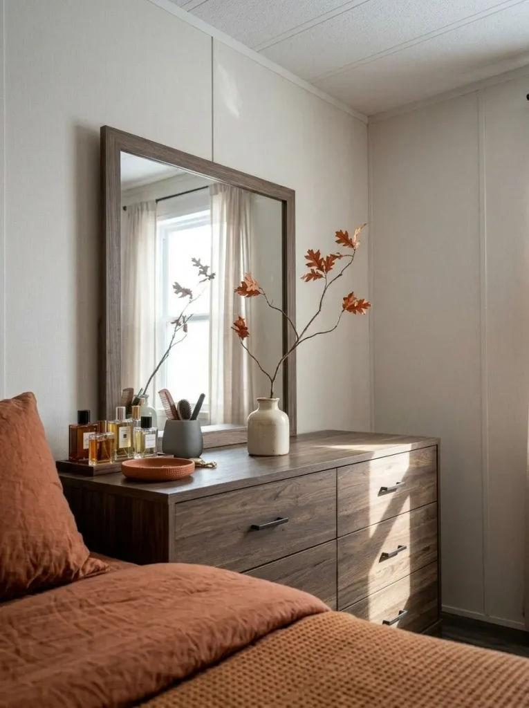 Single dried autumn branch scaled below the low ceiling above a dresser in a small manufactured-home bedroom.