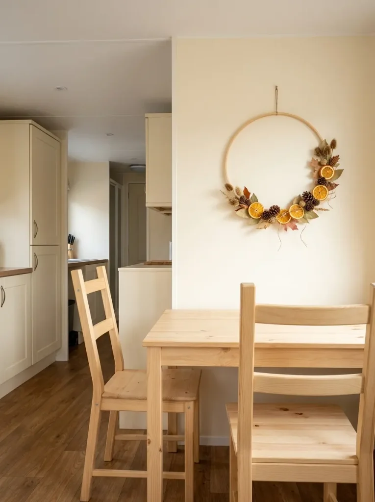 Shallow dried citrus and pinecone harvest hoop on a mobile home dining wall with the compact dining area visible around it.