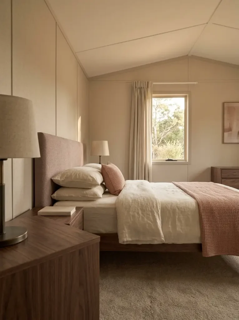 Dusty blush and linen mobile home bedroom with walnut furniture and cream bedding.