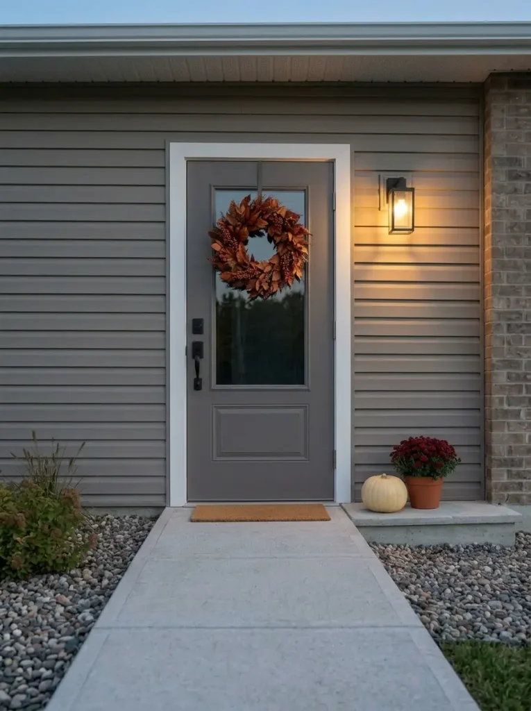 Edited fall mobile home front door viewed from the walkway with the wreath clearly dominating the composition.