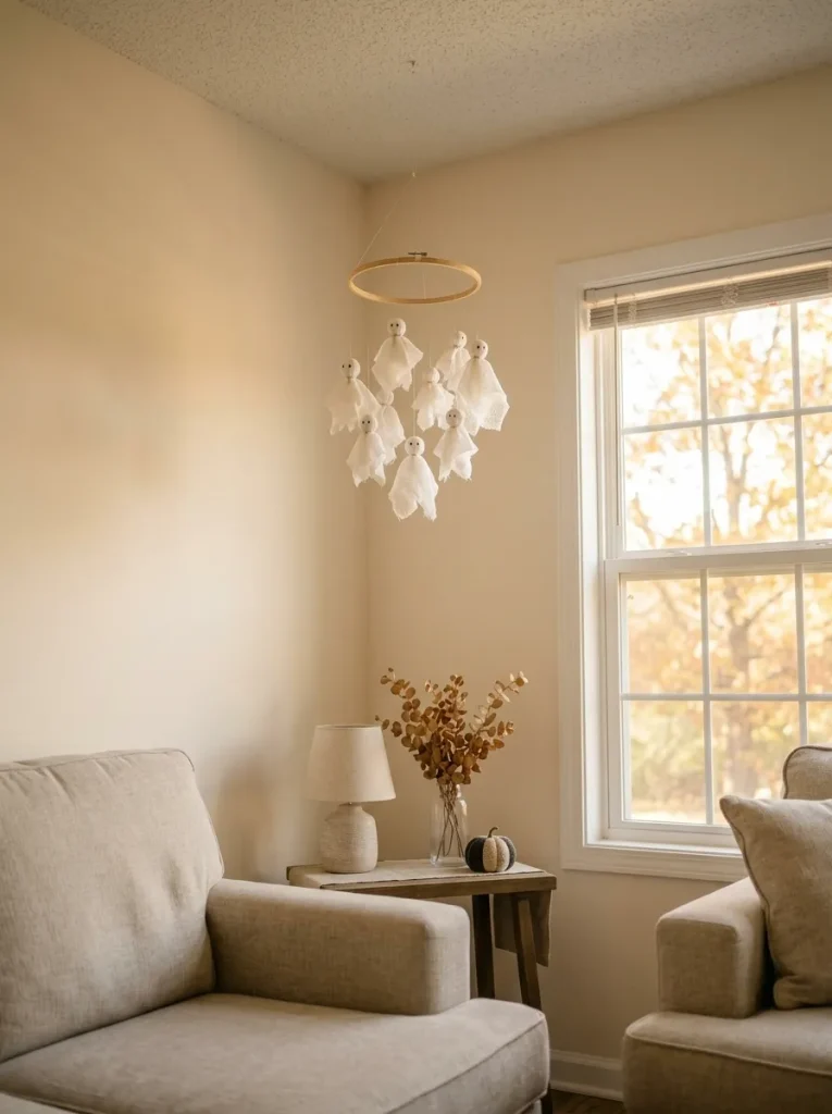 Small embroidery-hoop ghost cloud hanging close to the ceiling in a compact mobile home living room.