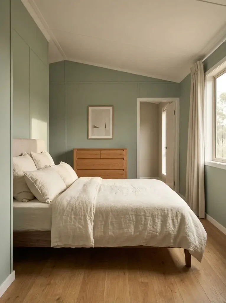 Eucalyptus green mobile home bedroom with warm oak flooring, cream bedding, and simple wood furniture.