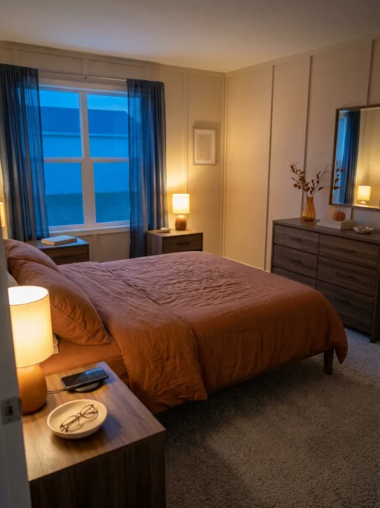 Reset fall nightstands and dresser with everyday items returned to place in a cozy small mobile home bedroom at blue hour.