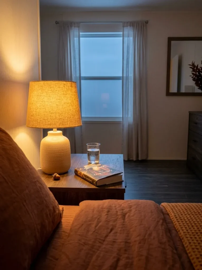 Warm bedside lamp adding autumn color to a small mobile home bedroom while the nightstand stays minimally decorated.