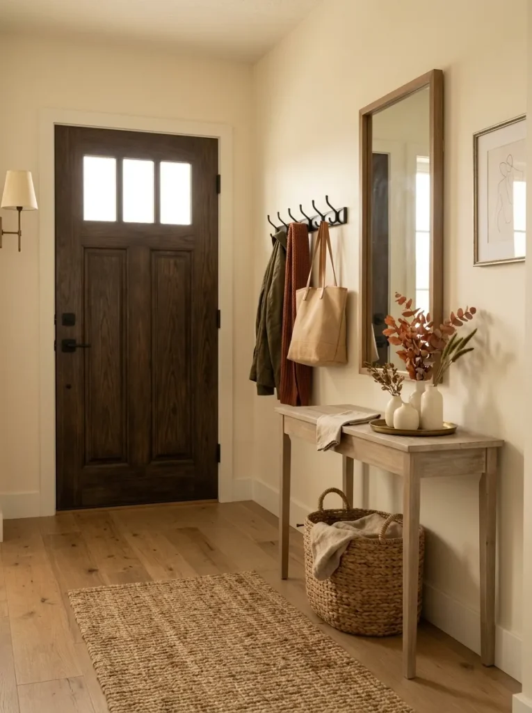 Mobile home entryway using terracotta, olive, flax, and cream fall accents that coordinate with a dark wood door and warm oak floor.