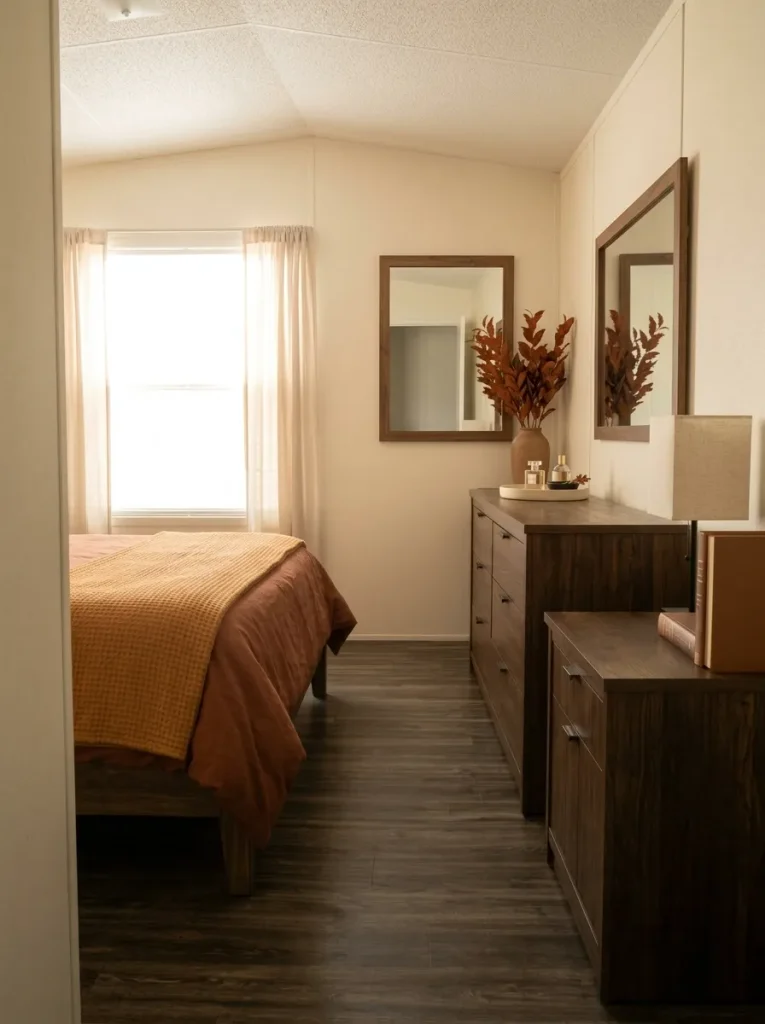 Small dresser with a partially filled tray grouping perfume and jewelry while preserving open fall bedroom surface space.