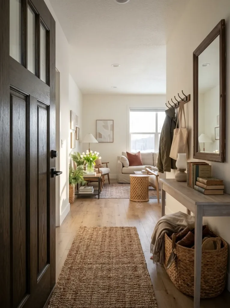 Mobile home entryway connected visually to the living room through repeated rust color and woven texture without matching every detail.