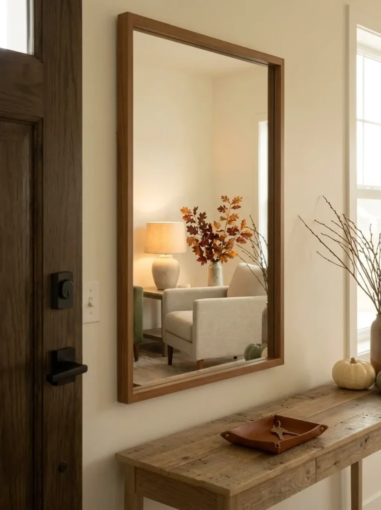 A well-positioned mirror expands autumn light and depth when its reflection is edited as carefully as the entry itself.