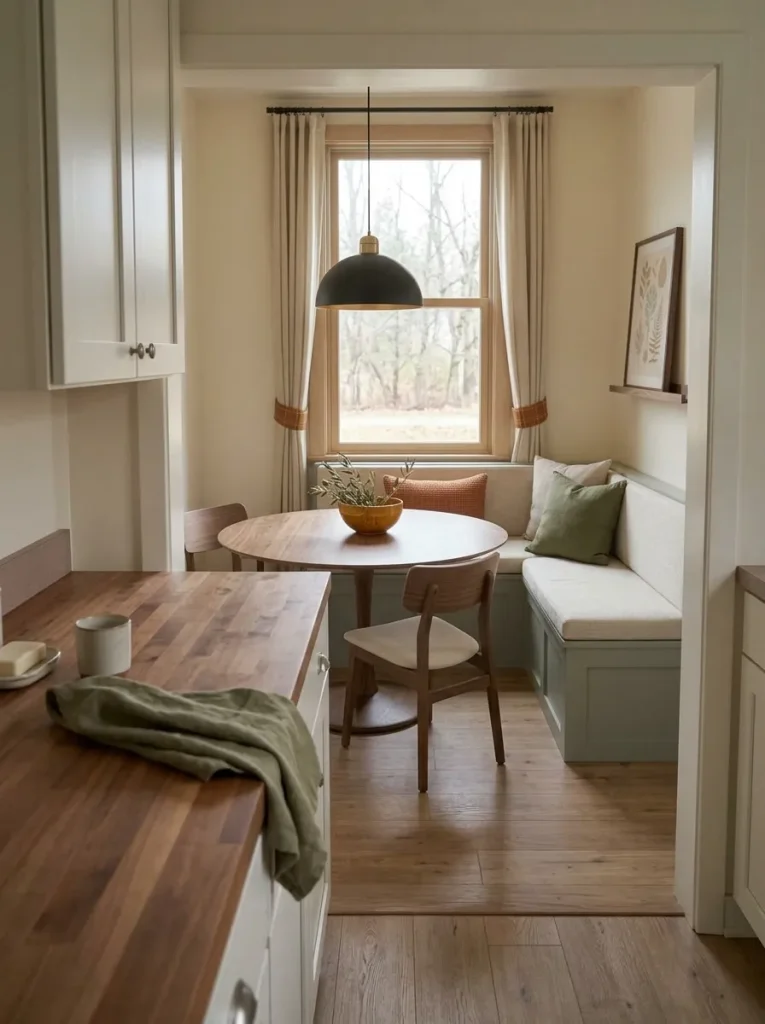 Compact mobile home kitchen and dining nook repeat one olive fall accent while keeping each space visually distinct.