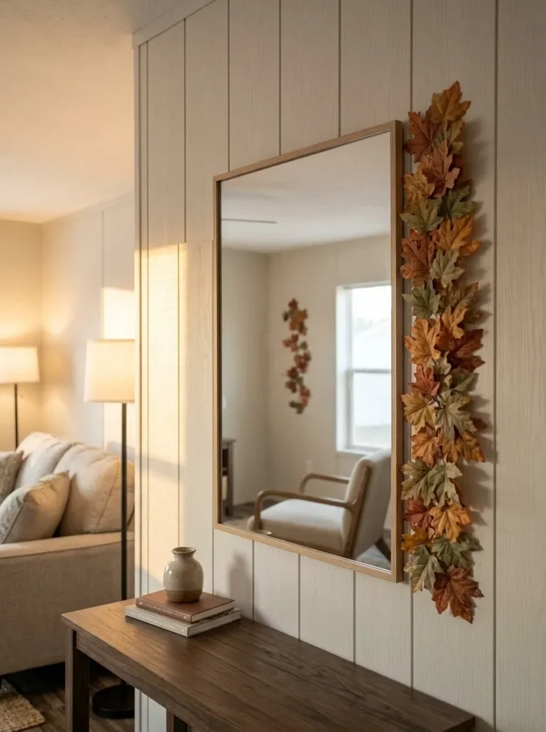 Positioning a slim leaf cascade where the mirror can see it doubles the seasonal color without adding another physical decoration.