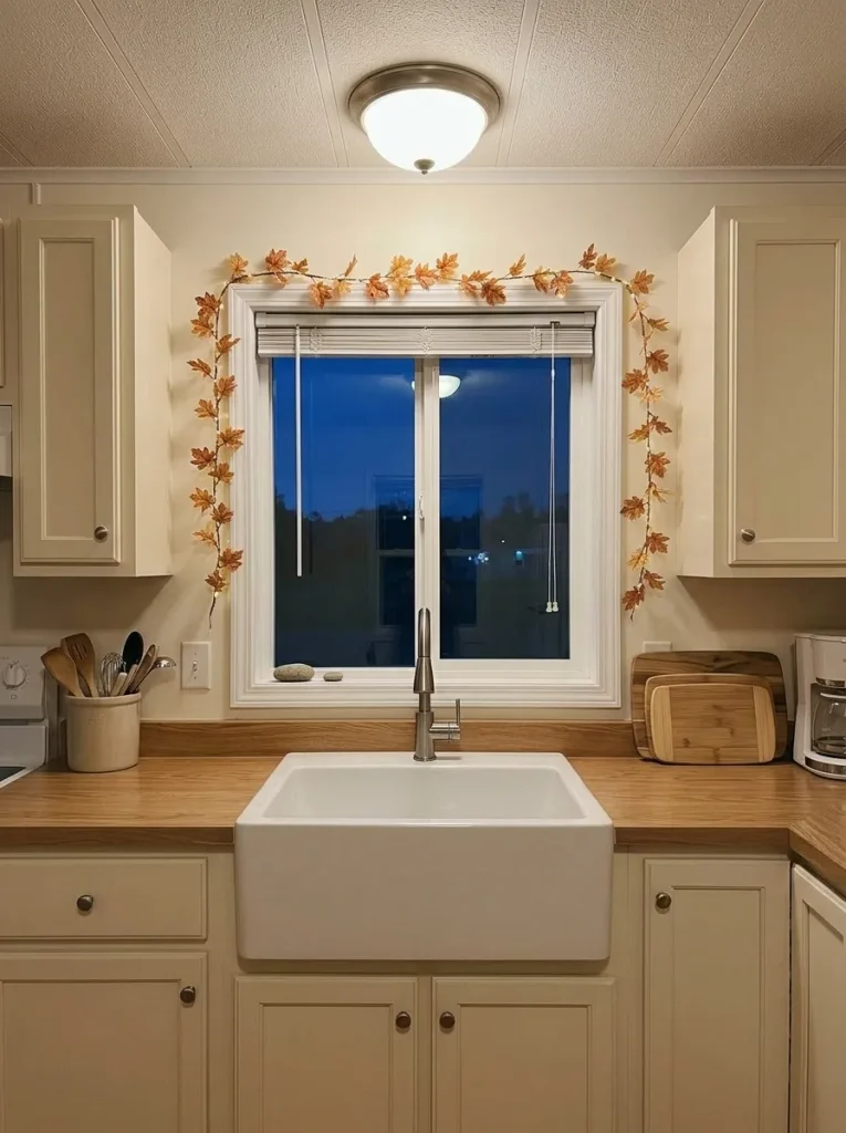 Decorating the window frame instead of the sill creates a strong fall focal point without sacrificing valuable kitchen work space.