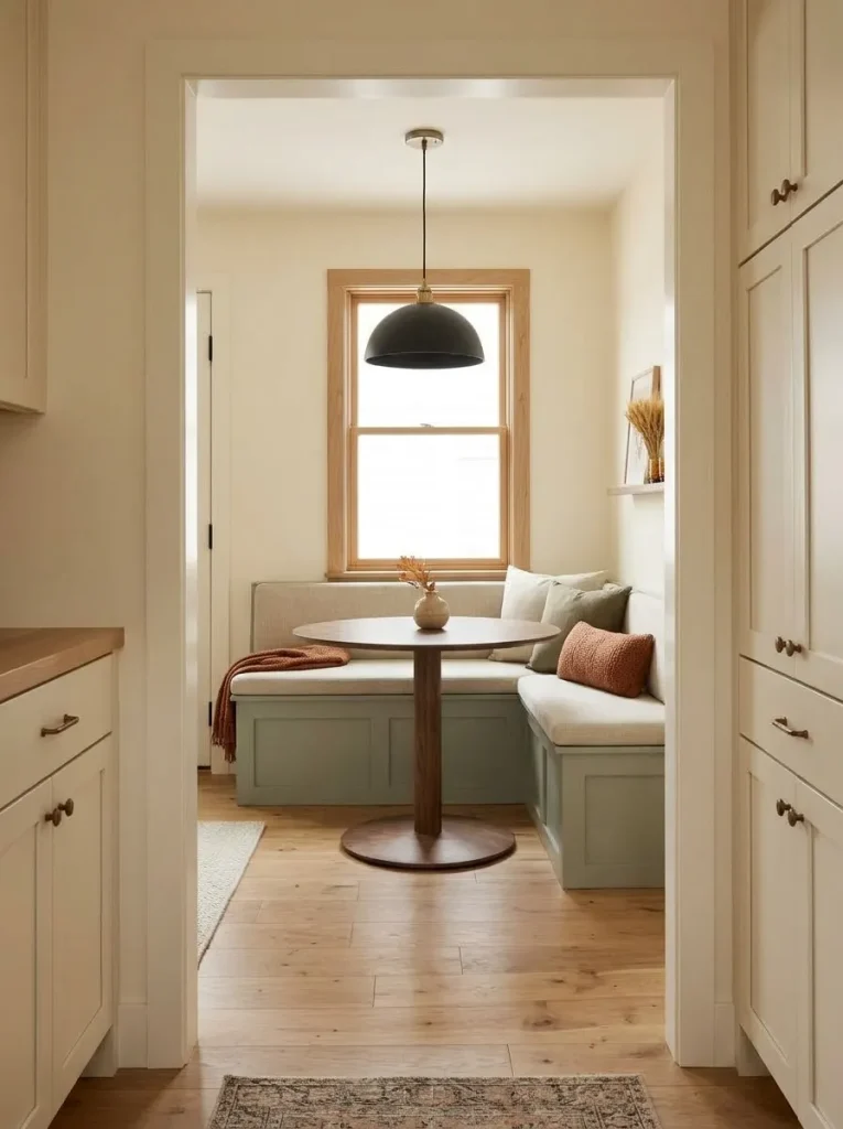 Corner banquette in a small mobile home carries the main rust and olive fall accents while the compact dining table stays mostly clear.