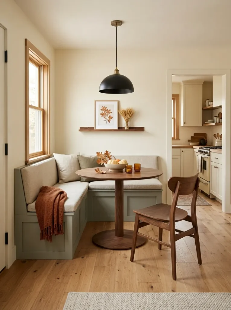 Small mobile home dining nook with a pulled-out chair and clear walkway, showing fall decor kept outside the main circulation zone.