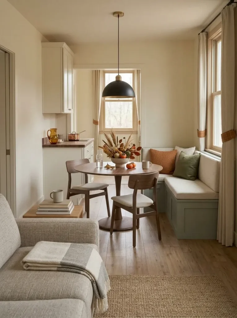 Long view through a small mobile home shows the dining nook as the strongest fall focal point while the living room and kitchen stay quieter.