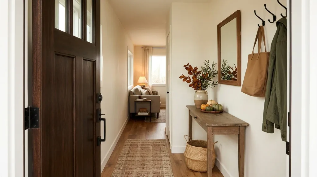 Small mobile home entryway decorated for fall with a slim runner, shallow console, mirror, foliage, woven basket, and clear walking path.