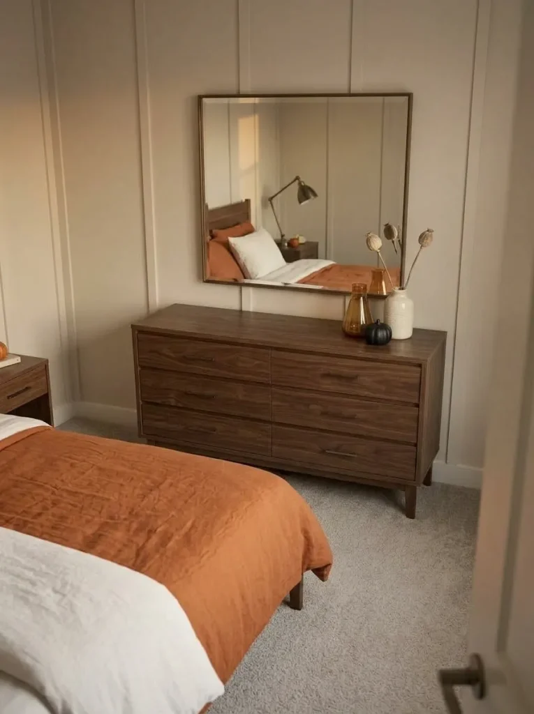 Small black Halloween accent added to an existing fall dresser arrangement in a compact mobile home bedroom.