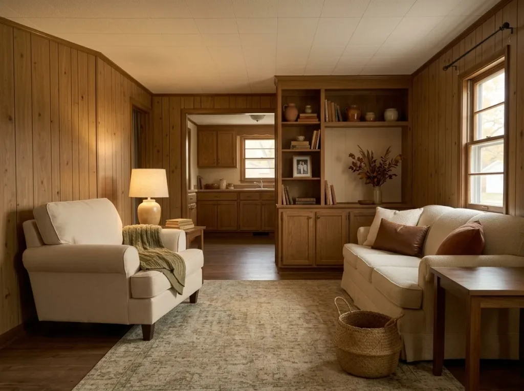 Cozy fall updates for an older mobile home with warm wood trim, olive textiles, vintage rug and preserved original features.