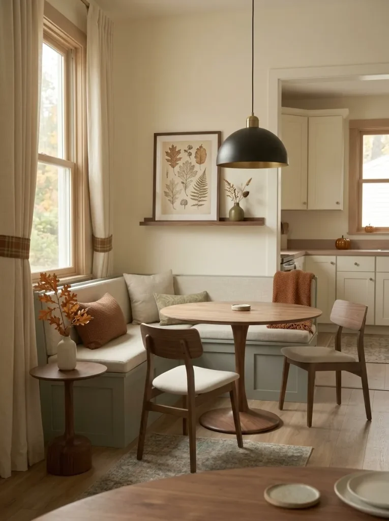 Small mobile home dining nook uses one autumn botanical wall display above the banquette so the table stays clear.