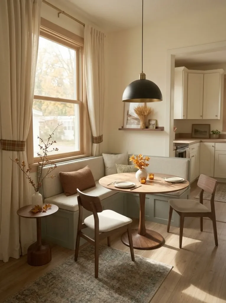 Small mobile home dining nook uses ivory curtains and autumn branches around the window edges while keeping the glass open to daylight.