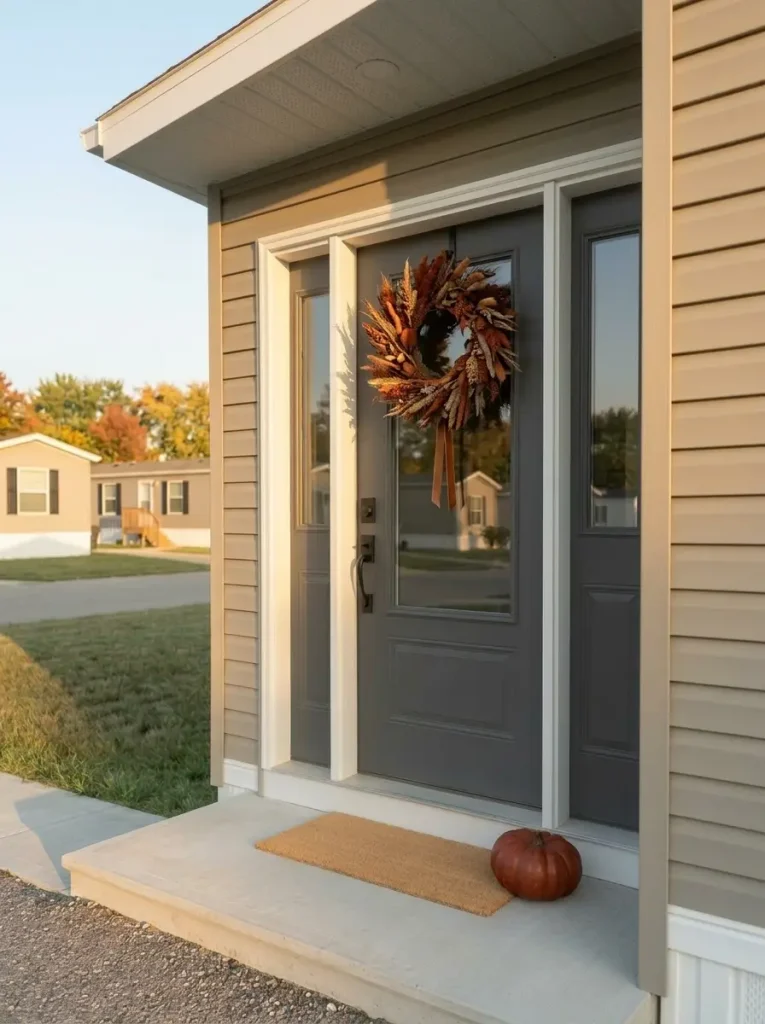 Dark wreath hanger coordinated with black hardware on a charcoal mobile home front door decorated for fall.